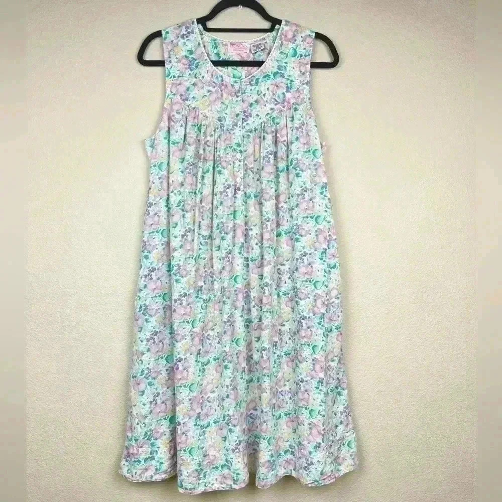 VTG HONORS INTIMATES Women’s Medium Cotton Midi Floral House Dress Pastel